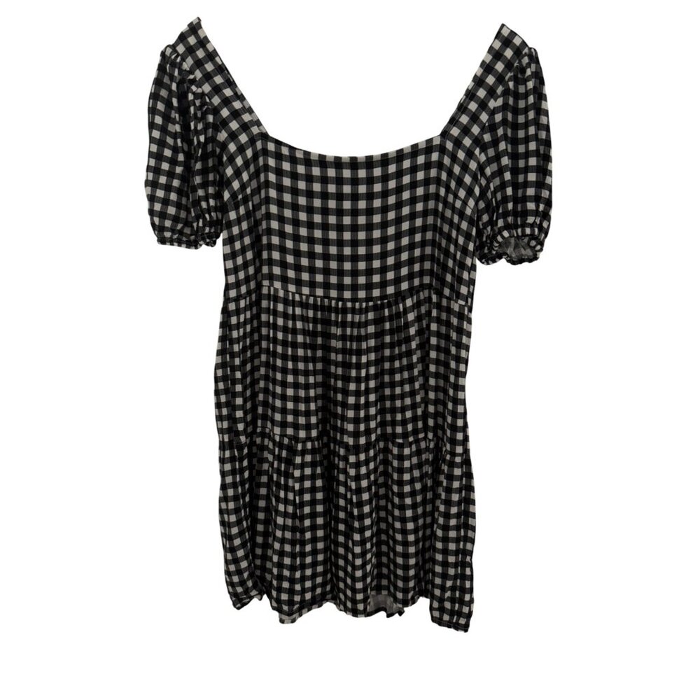 Black & White Gingham Checked Babydoll Dress With Puff Sleeves & Square Neckline